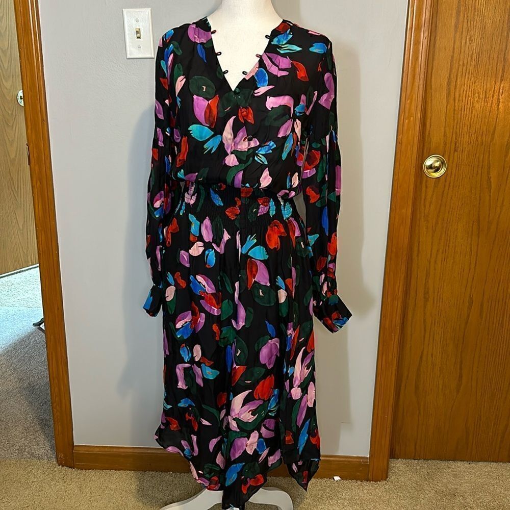 Parker asymmetrical hem long sleeve‎ silk blend floral dress size S NEW
